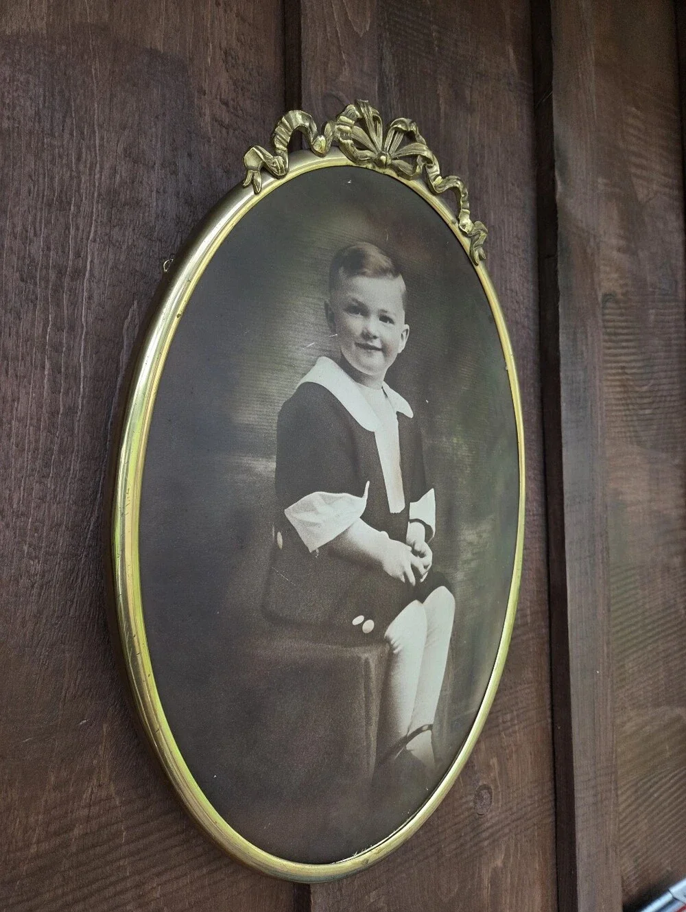 Vintage c1920 Metal Oval Frame Convex Child's Portrait 21x14
